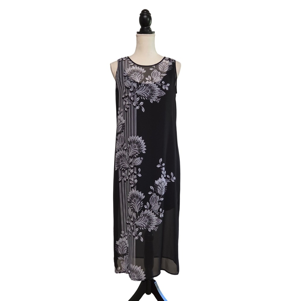 Vince Camuto Black Floral Flowy Sheer Overlay Maxi Dress XS Whimsigoth Art Deco
